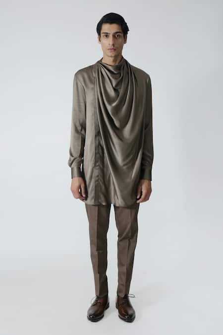 Buy_Chhaya Mehrotra_Brown Silk Satin, Gingham Cowl Neck Solid Kurta Set _Online_at_Aza_Fashions