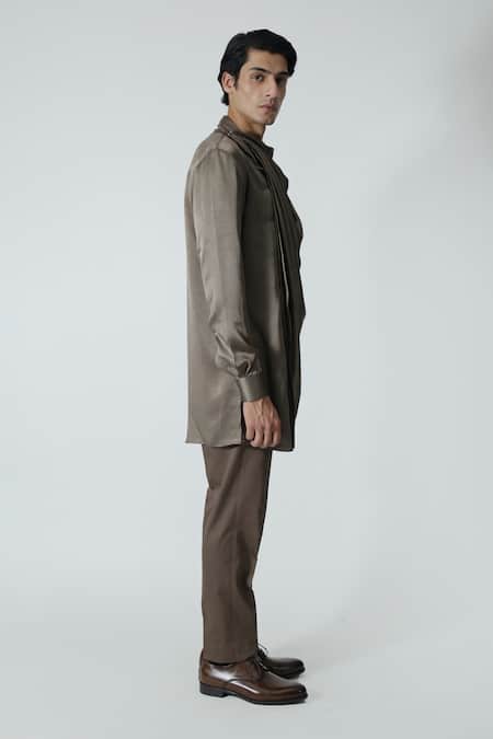 Shop_Chhaya Mehrotra_Brown Silk Satin, Gingham Cowl Neck Solid Kurta Set _Online_at_Aza_Fashions