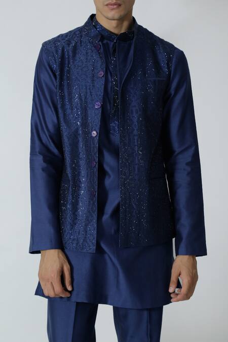 Chhaya Mehrotra_Blue Chanderi Rhinestones Navy Embellished Bundi Set _Online_at_Aza_Fashions