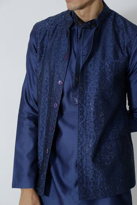 Buy_Chhaya Mehrotra_Blue Chanderi Rhinestones Navy Embellished Bundi Set _Online_at_Aza_Fashions