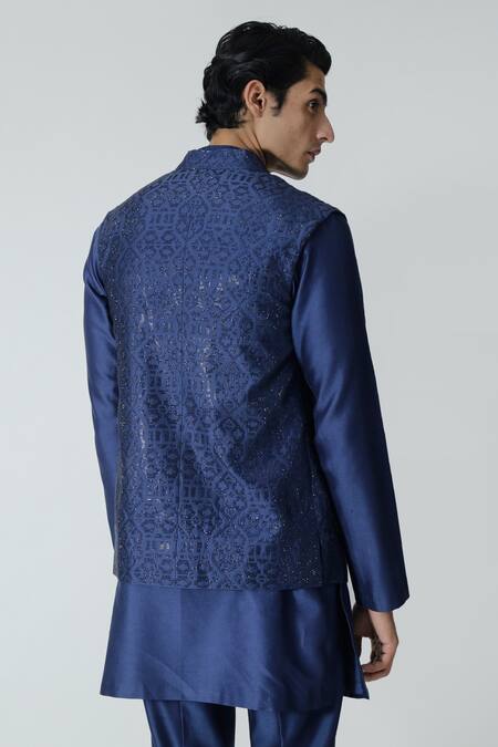 Shop_Chhaya Mehrotra_Blue Chanderi Rhinestones Navy Embellished Bundi Set _Online_at_Aza_Fashions