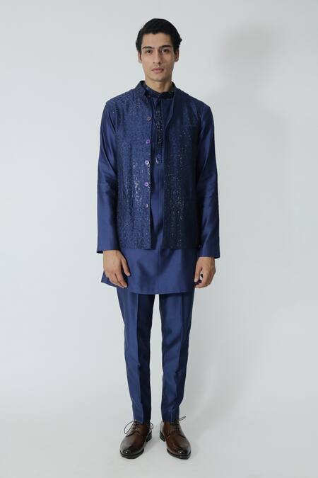 Chhaya Mehrotra_Blue Chanderi Rhinestones Navy Embellished Bundi Set _at_Aza_Fashions