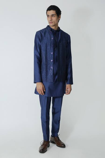 Buy_Chhaya Mehrotra_Blue Chanderi Rhinestones Navy Embellished Bundi Set 