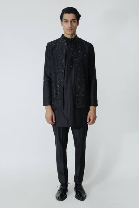 Chhaya Mehrotra_Black Chanderi Rhinestones Embellished Bundi Kurta Set _Online_at_Aza_Fashions