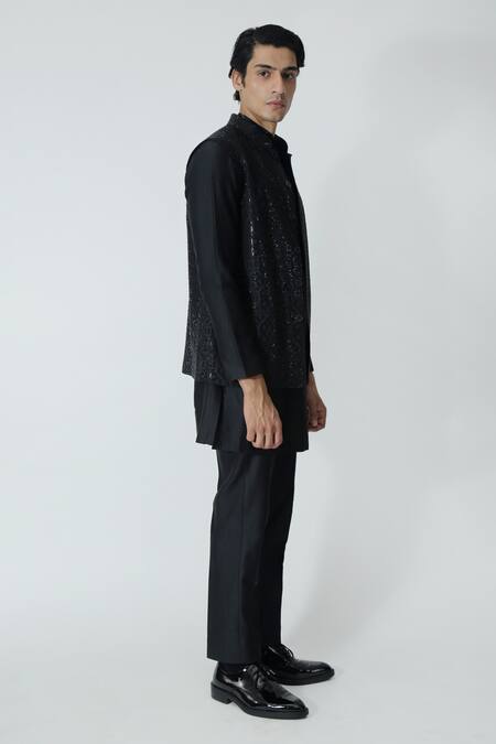 Buy_Chhaya Mehrotra_Black Chanderi Rhinestones Embellished Bundi Kurta Set _Online_at_Aza_Fashions