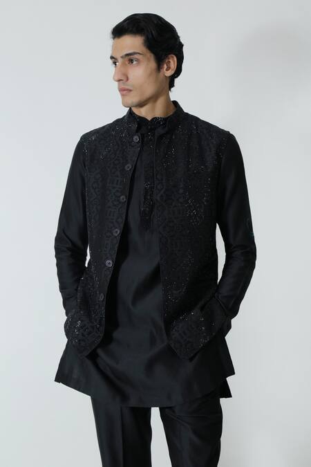 Shop_Chhaya Mehrotra_Black Chanderi Rhinestones Embellished Bundi Kurta Set _Online_at_Aza_Fashions