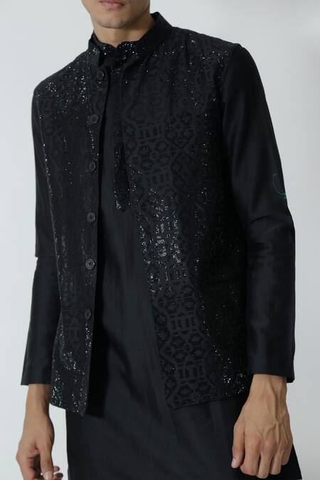 Chhaya Mehrotra_Black Chanderi Rhinestones Embellished Bundi Kurta Set _at_Aza_Fashions
