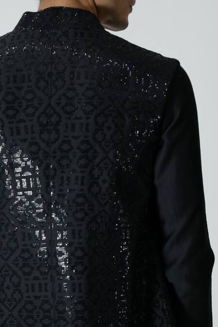 Buy_Chhaya Mehrotra_Black Chanderi Rhinestones Embellished Bundi Kurta Set 