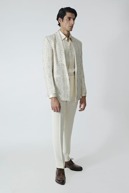 Chhaya Mehrotra_Ivory , Satin Rhinestones Embellished Jacket Pant Set _Online_at_Aza_Fashions