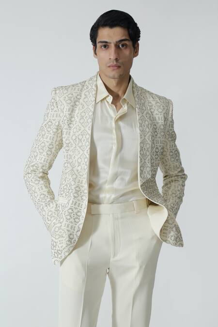 Buy_Chhaya Mehrotra_Ivory , Satin Rhinestones Embellished Jacket Pant Set _Online_at_Aza_Fashions