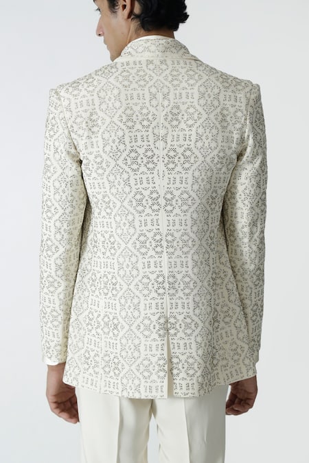 Chhaya Mehrotra_Ivory , Satin Rhinestones Embellished Jacket Pant Set _at_Aza_Fashions