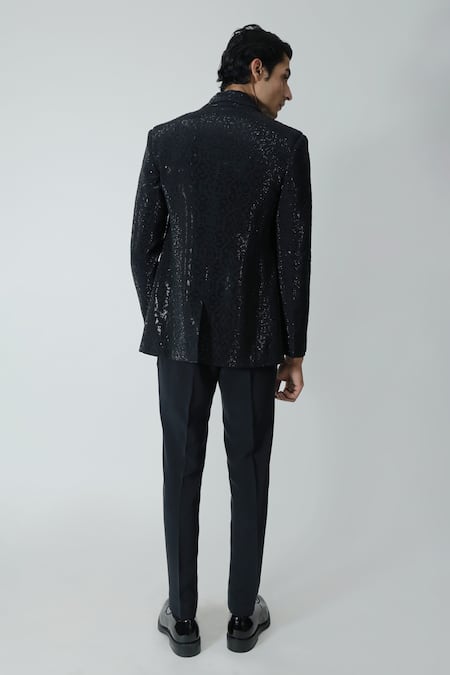 Shop_Chhaya Mehrotra_Black , Satin Rhinestones Embellished Jacket Pant Set _at_Aza_Fashions