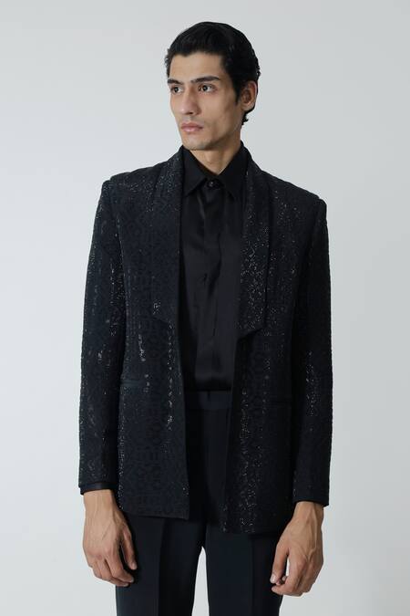 Chhaya Mehrotra_Black , Satin Rhinestones Embellished Jacket Pant Set _Online_at_Aza_Fashions