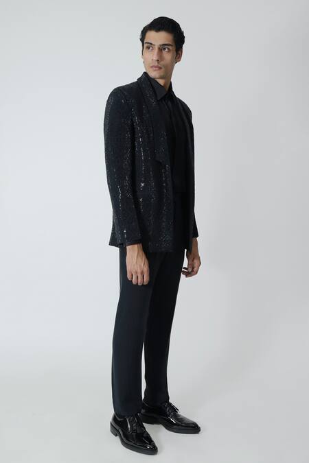 Shop_Chhaya Mehrotra_Black , Satin Rhinestones Embellished Jacket Pant Set _Online_at_Aza_Fashions