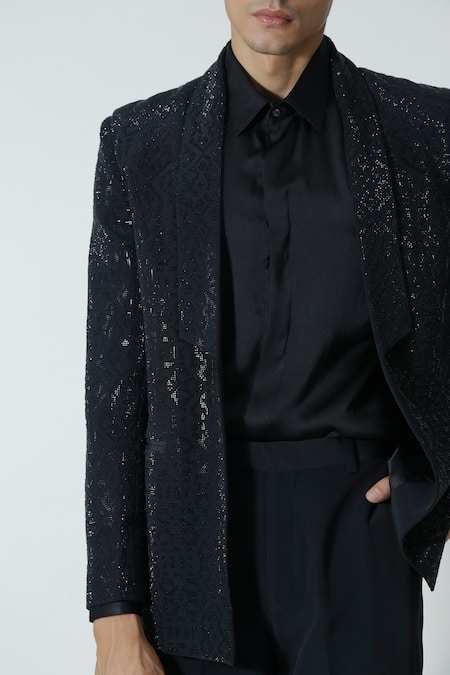 Buy_Chhaya Mehrotra_Black , Satin Rhinestones Embellished Jacket Pant Set 