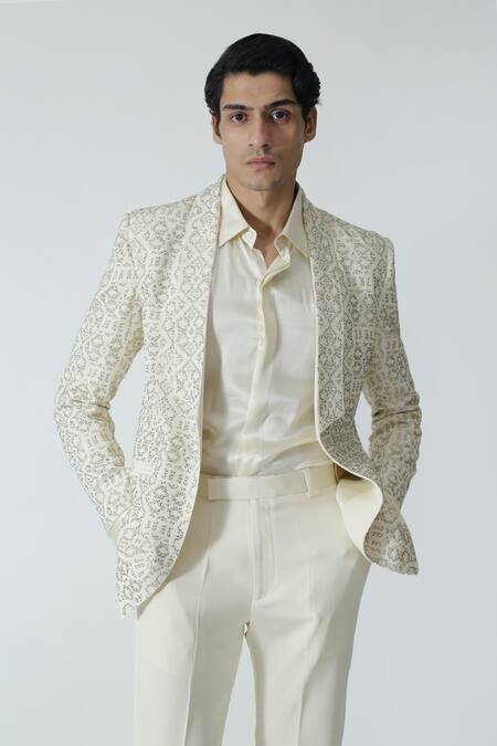 Chhaya Mehrotra_Ivory Silk Rhinestones Embellished Jacket _Online_at_Aza_Fashions