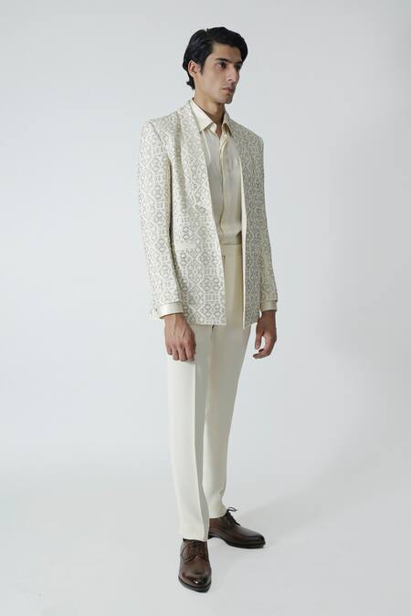 Chhaya Mehrotra_Ivory Silk Rhinestones Embellished Jacket _at_Aza_Fashions