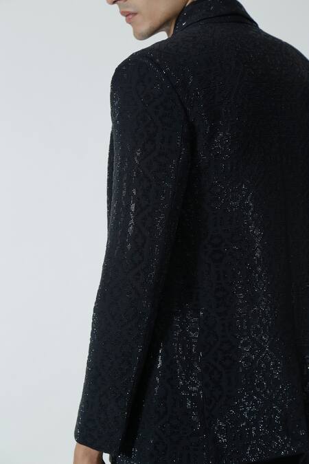 Shop_Chhaya Mehrotra_Black Silk Rhinestones Geometric Embellished Jacket _Online_at_Aza_Fashions