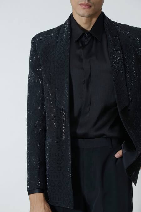 Chhaya Mehrotra_Black Silk Rhinestones Geometric Embellished Jacket _at_Aza_Fashions