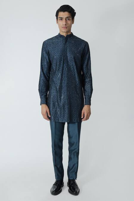 Chhaya Mehrotra_Blue Chanderi Rhinestones Midnight Geometric Embellished Kurta Set _Online_at_Aza_Fashions