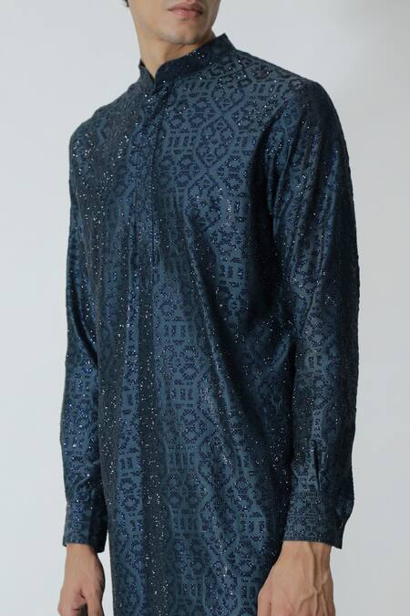 Buy_Chhaya Mehrotra_Blue Chanderi Rhinestones Midnight Geometric Embellished Kurta Set _Online_at_Aza_Fashions
