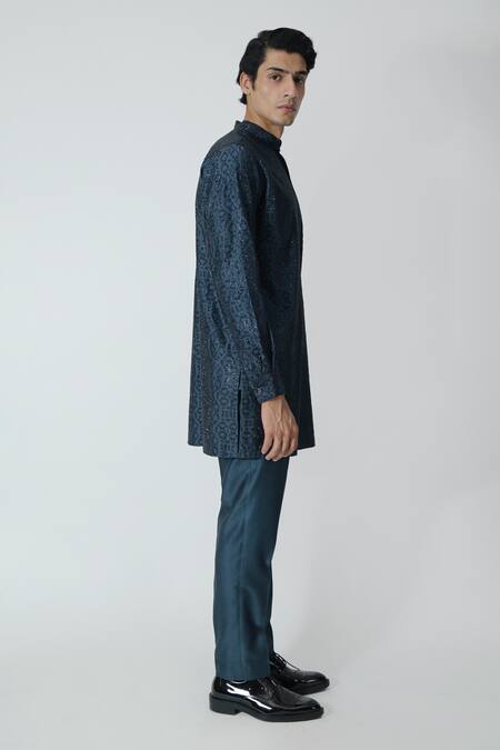 Shop_Chhaya Mehrotra_Blue Chanderi Rhinestones Midnight Geometric Embellished Kurta Set _Online_at_Aza_Fashions