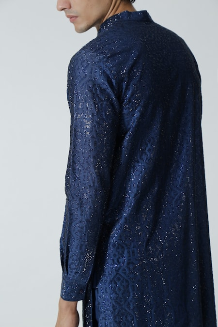 Buy_Chhaya Mehrotra_Blue Chanderi Rhinestones Navy Geometric Embellished Kurta Set _Online_at_Aza_Fashions