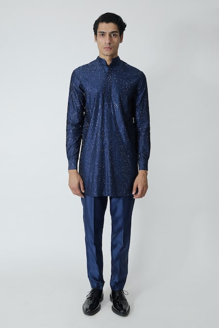 Shop_Chhaya Mehrotra_Blue Chanderi Rhinestones Navy Geometric Embellished Kurta Set _Online_at_Aza_Fashions