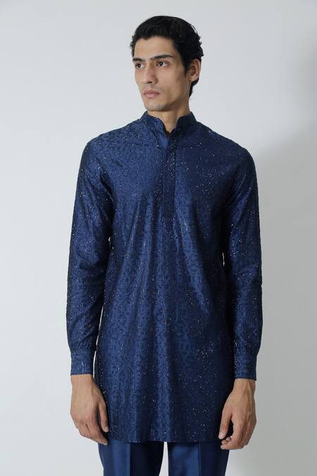 Chhaya Mehrotra_Blue Chanderi Rhinestones Navy Geometric Embellished Kurta Set _at_Aza_Fashions