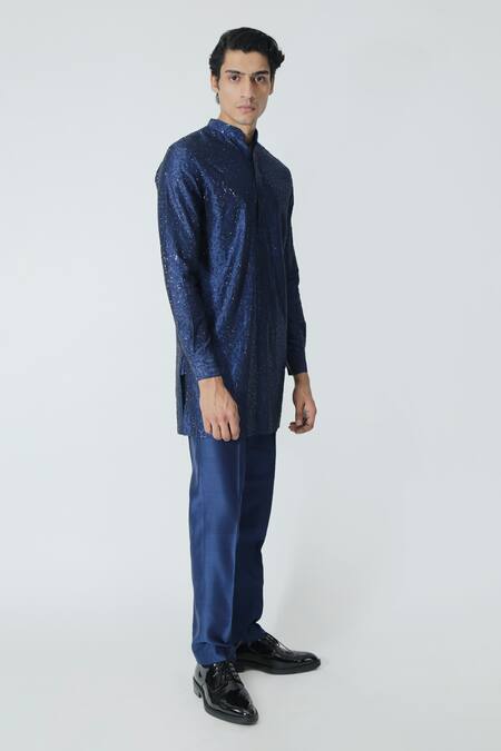 Buy_Chhaya Mehrotra_Blue Chanderi Rhinestones Navy Geometric Embellished Kurta Set 