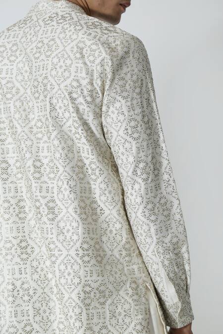 Buy_Chhaya Mehrotra_Ivory Chanderi Rhinestones Geometric Embellished Kurta Set _Online_at_Aza_Fashions