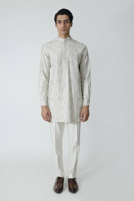 Shop_Chhaya Mehrotra_Ivory Chanderi Rhinestones Geometric Embellished Kurta Set _Online_at_Aza_Fashions