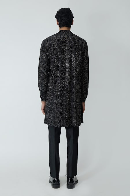 Shop_Chhaya Mehrotra_Black Chanderi Rhinestones Geometric Embellished Kurta Set _at_Aza_Fashions