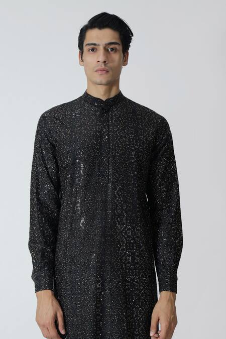 Buy_Chhaya Mehrotra_Black Chanderi Rhinestones Geometric Embellished Kurta Set _Online_at_Aza_Fashions
