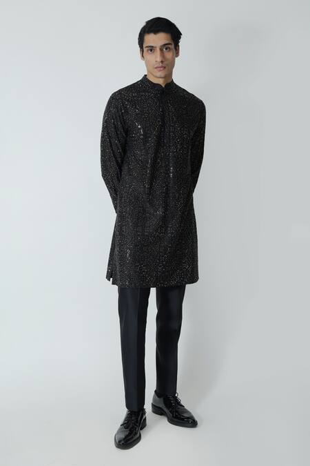 Shop_Chhaya Mehrotra_Black Chanderi Rhinestones Geometric Embellished Kurta Set _Online_at_Aza_Fashions