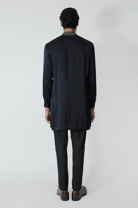 Shop_Chhaya Mehrotra_Black Silk Satin, Gingham Rhinestones Embellished Kurta Set _at_Aza_Fashions