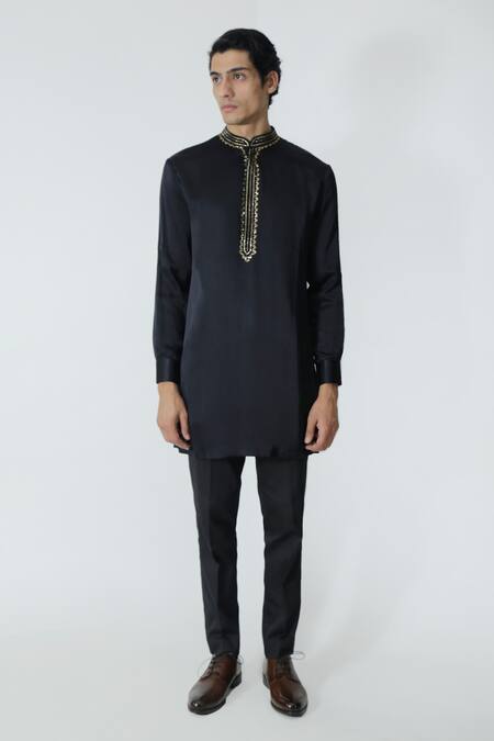 Chhaya Mehrotra_Black Silk Satin, Gingham Rhinestones Embellished Kurta Set _Online_at_Aza_Fashions