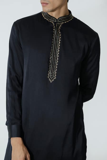 Buy_Chhaya Mehrotra_Black Silk Satin, Gingham Rhinestones Embellished Kurta Set _Online_at_Aza_Fashions