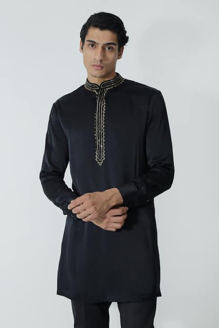 Shop_Chhaya Mehrotra_Black Silk Satin, Gingham Rhinestones Embellished Kurta Set _Online_at_Aza_Fashions