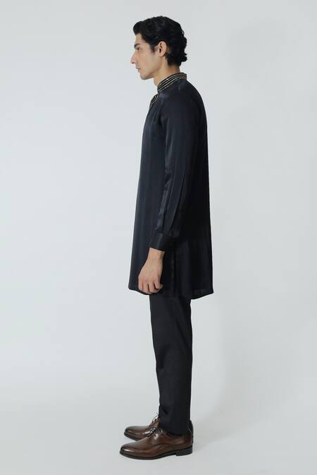Chhaya Mehrotra_Black Silk Satin, Gingham Rhinestones Embellished Kurta Set _at_Aza_Fashions