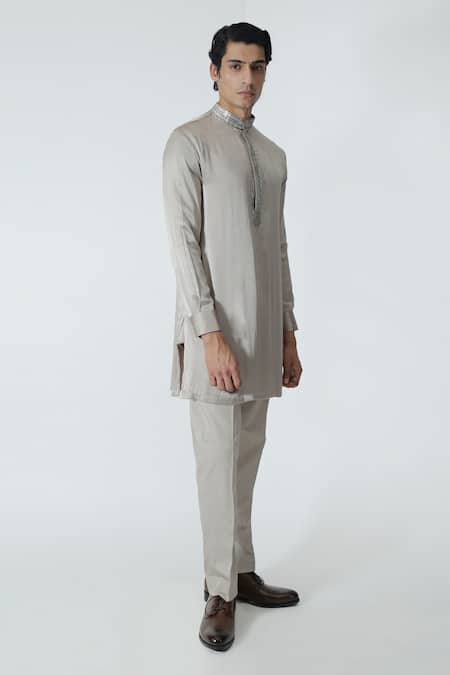 Buy_Chhaya Mehrotra_Gray Silk Satin, Gingham Rhinestones Silver Grey Embellished Kurta Set _Online_at_Aza_Fashions