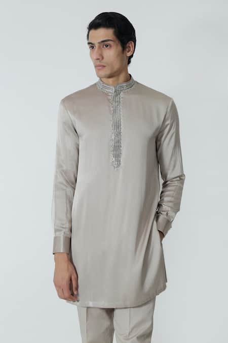 Shop_Chhaya Mehrotra_Gray Silk Satin, Gingham Rhinestones Silver Grey Embellished Kurta Set _Online_at_Aza_Fashions