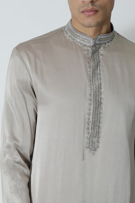 Chhaya Mehrotra_Gray Silk Satin, Gingham Rhinestones Silver Grey Embellished Kurta Set _at_Aza_Fashions