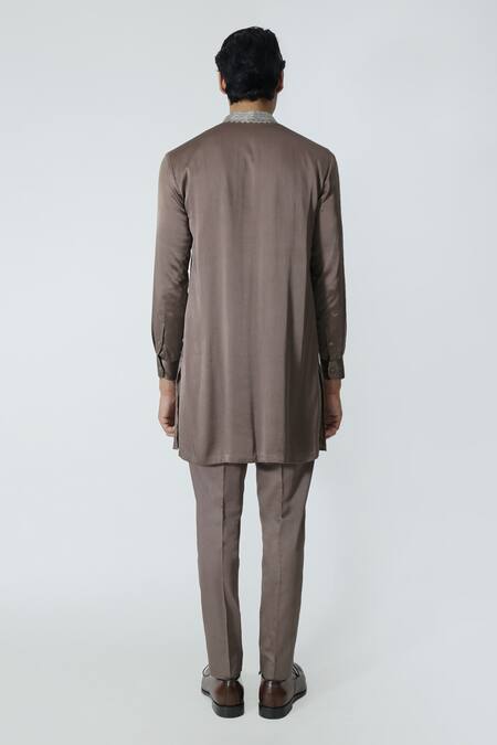 Shop_Chhaya Mehrotra_Brown Silk Satin, Gingham Rhinestones Embellished Placket Kurta Set _at_Aza_Fashions
