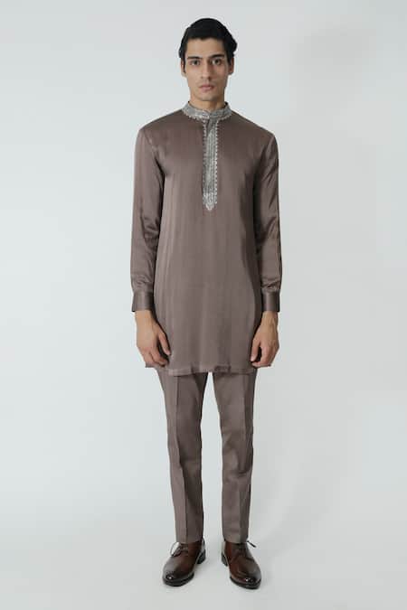 Chhaya Mehrotra_Brown Silk Satin, Gingham Rhinestones Embellished Placket Kurta Set _Online_at_Aza_Fashions