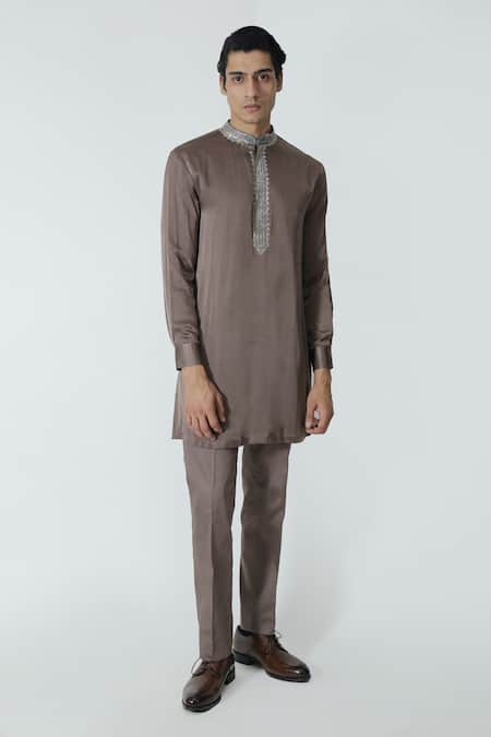 Buy_Chhaya Mehrotra_Brown Silk Satin, Gingham Rhinestones Embellished Placket Kurta Set _Online_at_Aza_Fashions