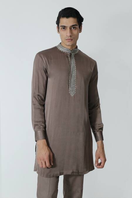Shop_Chhaya Mehrotra_Brown Silk Satin, Gingham Rhinestones Embellished Placket Kurta Set _Online_at_Aza_Fashions