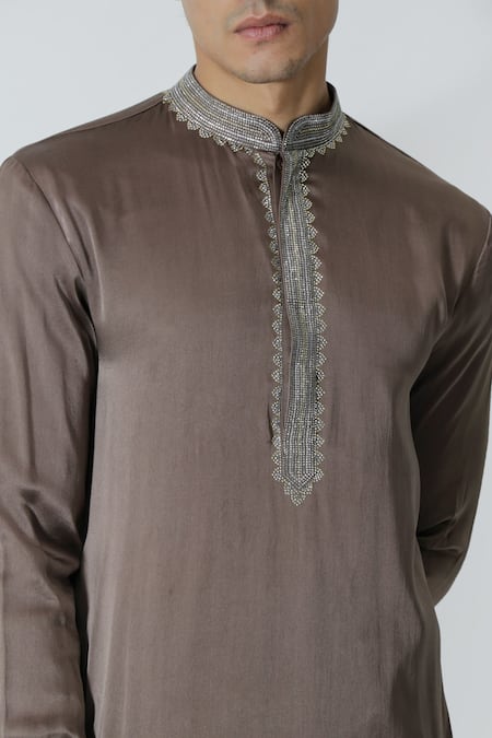Chhaya Mehrotra_Brown Silk Satin, Gingham Rhinestones Embellished Placket Kurta Set _at_Aza_Fashions