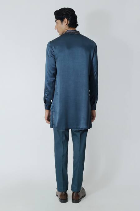 Shop_Chhaya Mehrotra_Blue Silk Satin, Gingham Rhinestones Midnight Embellished Kurta Set _at_Aza_Fashions