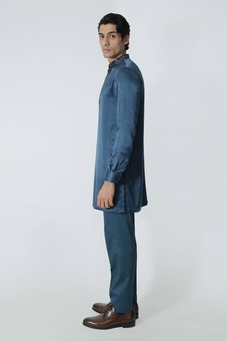 Chhaya Mehrotra_Blue Silk Satin, Gingham Rhinestones Midnight Embellished Kurta Set _Online_at_Aza_Fashions